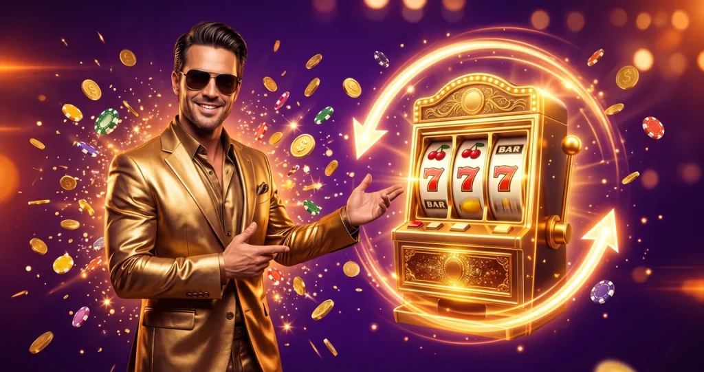 Milyar casino freespin: altın slot makinesi, dönme okları ve jetonlar